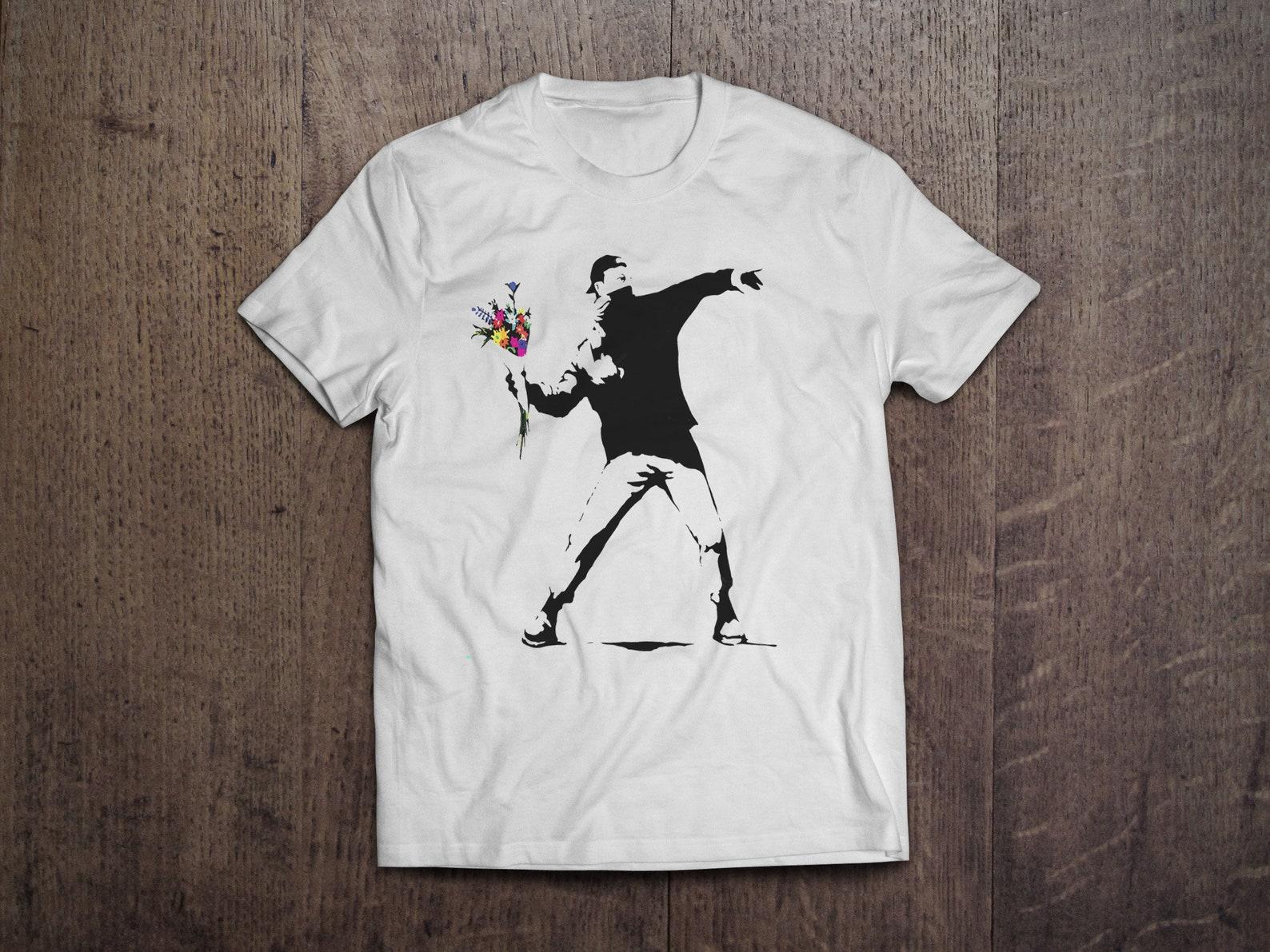 Banksy Flower Thrower Street Art / Heavyweight cotton unisex T shirt with print tee top S