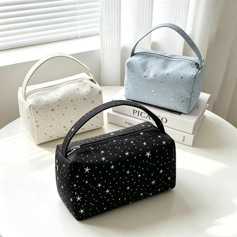 Cute Star Print Nylon Cosmetic Bag Large Capacity Portable Handle Toiletry Pouch for Women Travel Daily Use