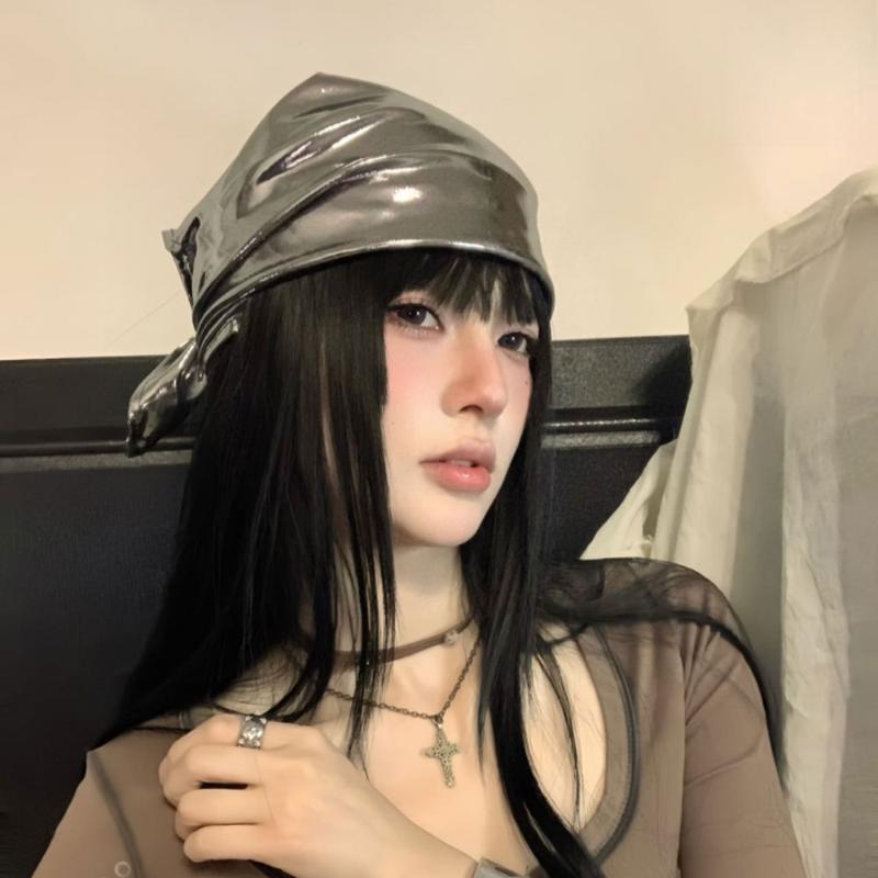 Retro Spicy Pu Leather Headscarf Hat Women Summer Y2K Square Scarf Hip-Hop Kerchief Korean Series Versatile Headband Hair Scarf