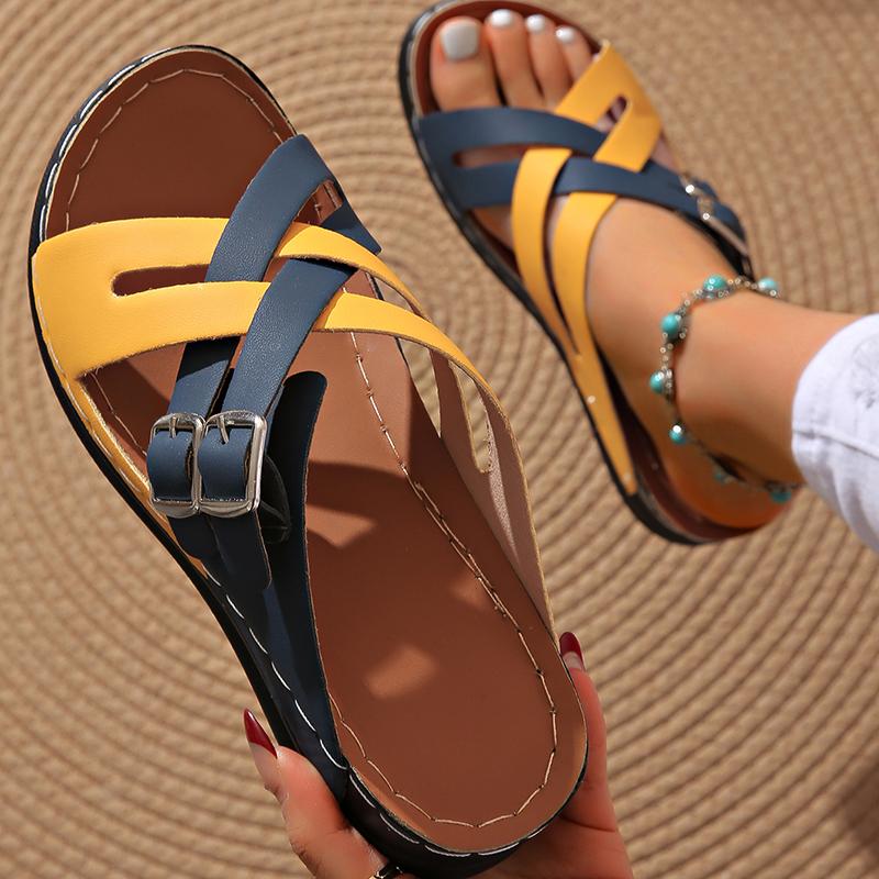 Sandale cu pană cu barete încrucișate în culori mixte pentru femei Vara 2025 Confort Anti-alunecare Pantofi de plajă Femeie Papuci cu platformă cu cataramă dublă