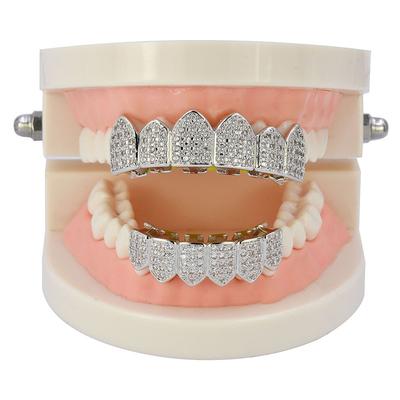 Punk Unisex Bling Diamond Grills Micro Pave Cubic Zircon Brass Iced Out Gold Plated Slugs Teeth Grillz Set for Everyday Wear