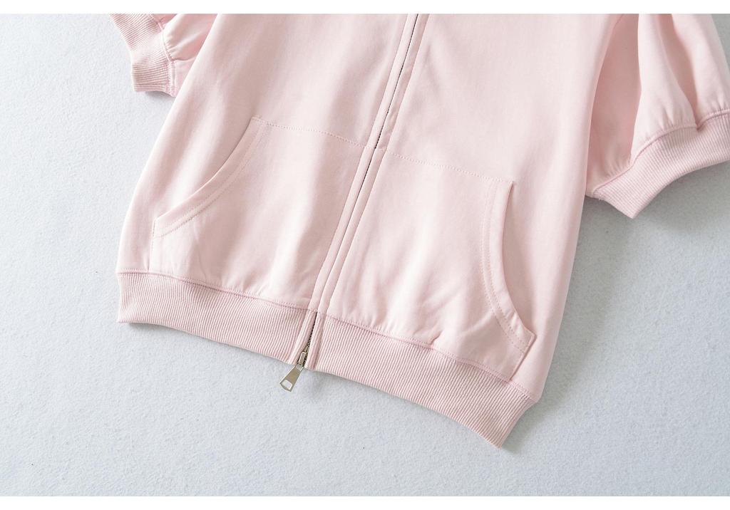 Women's Macaron Color Short-Sleeved Hooded Cardigan with Bubble Sleeves and Thin Sun Protection
