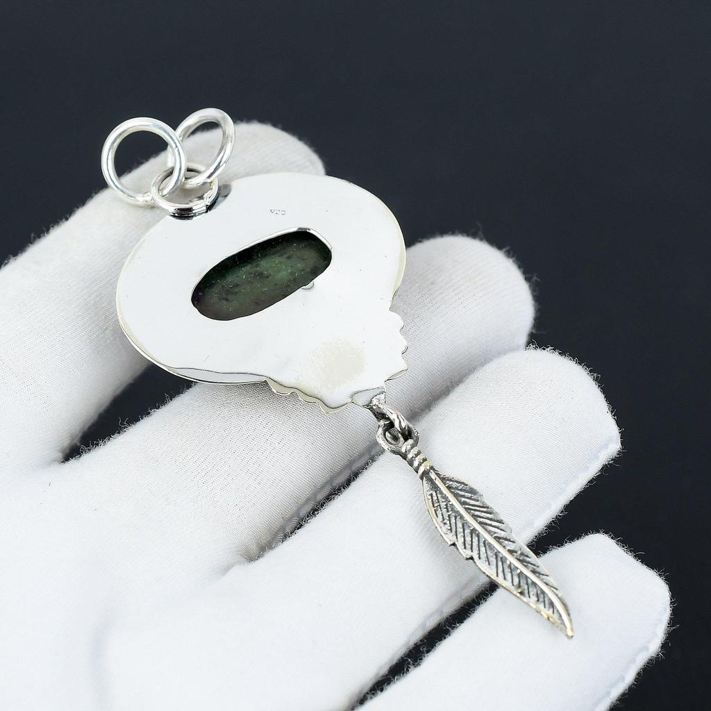 Handmade Ruby Zoisite Pendant with Feather Charm in 925 Sterling Silver – Perfect Christmas, New Year, or Holiday Gift for Her