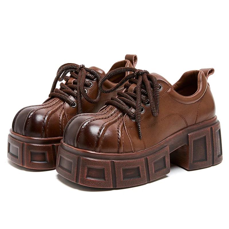 Fashion 7CM New Spring Autumn Women Retro Platform Big Toe Genuine Cow Leather Lace-Up British Style Thick High Heel Casual Single Shoes