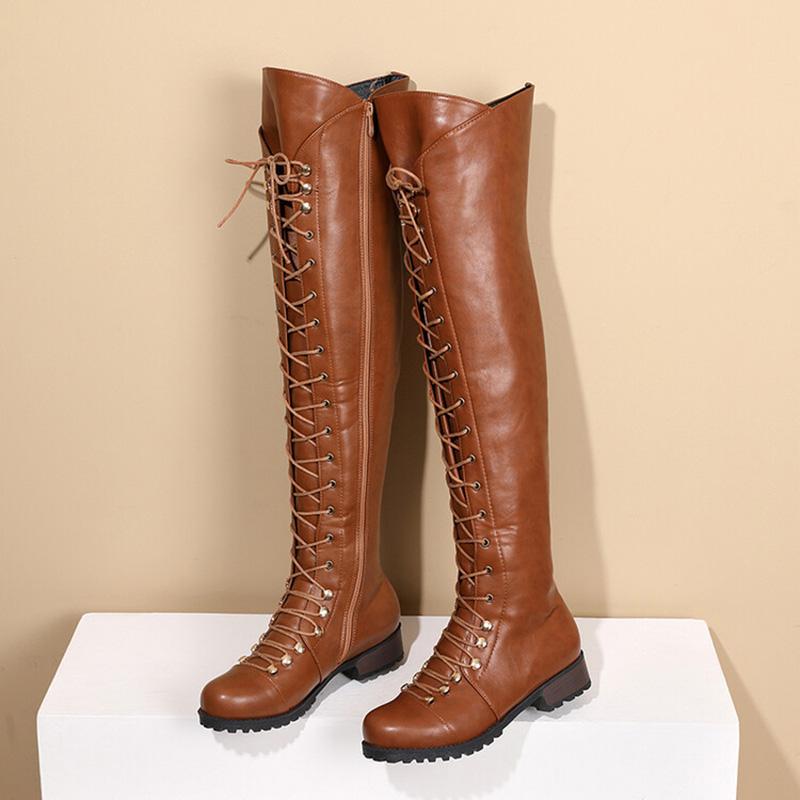 Fashion New Autumn/Winter Cross Tie Square Heel Round Head Over Knee Long Boots Fashion Retro Solid Color Knight Boots