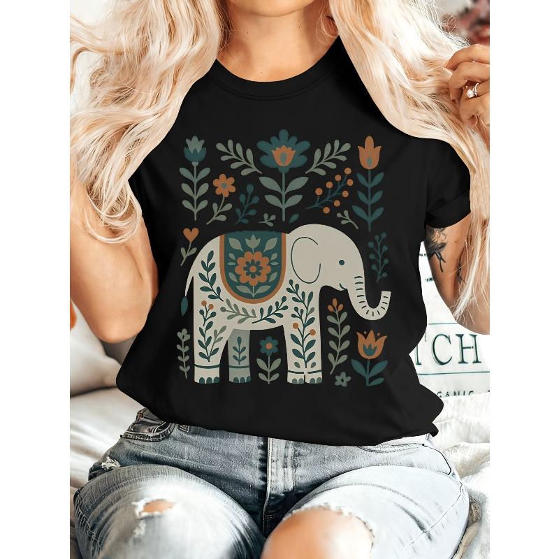 [Soft And Art] Women'S Summer Clothing, Folk Style Elephant Print Round Neck Short Sleeve T-Shirt, Comfortable,