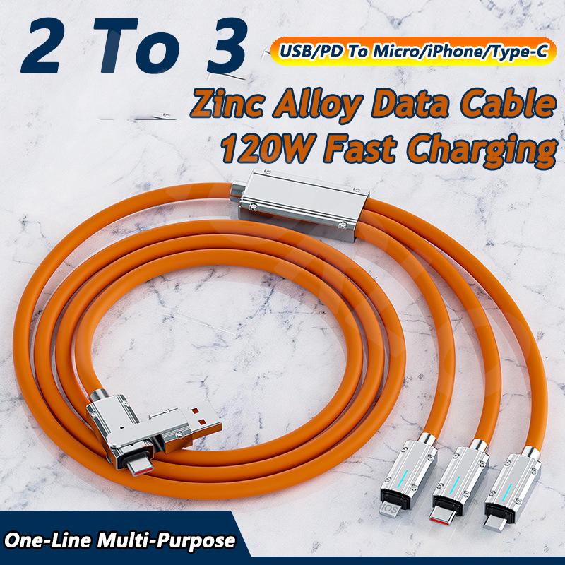6A 120W Super Fast Charging Cable Zinc Alloy USB To IOS Type C Micro Multi-function Cable All In 1 Charger With Cable Organizer