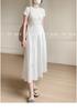 Elegant Slim-fit Round Neck Patchwork Dress for Women - Waist-cinching Solid White, Gentle Style, Summer Long Dress