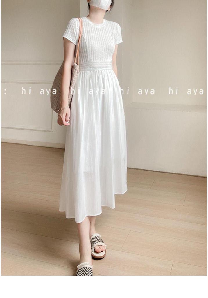 Elegant Slim-fit Round Neck Patchwork Dress for Women - Waist-cinching Solid White, Gentle Style, Summer Long Dress