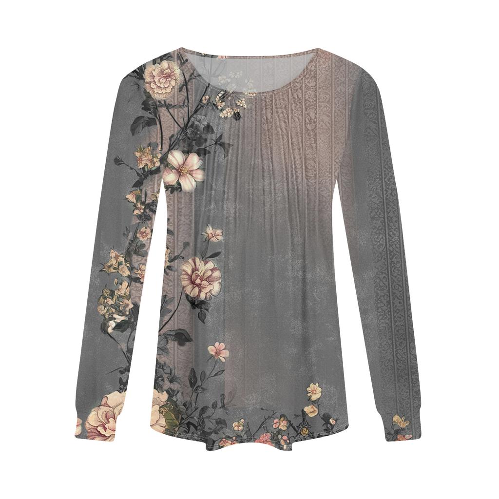 Damenmode Lässig Plissiert Rundhals Vintage Blumendruck Langarm T-Shirt Top