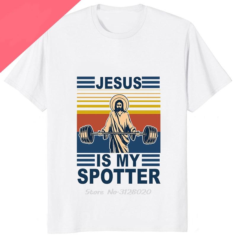 Lustiges Jesus Ist Mein Spotter Aufgedrucktes Grafik-Baumwoll-Herren-T-Shirt Humor Gewichtheben GYM T-Shirt Lässige Mode Streetwear Herren-T-Shirts