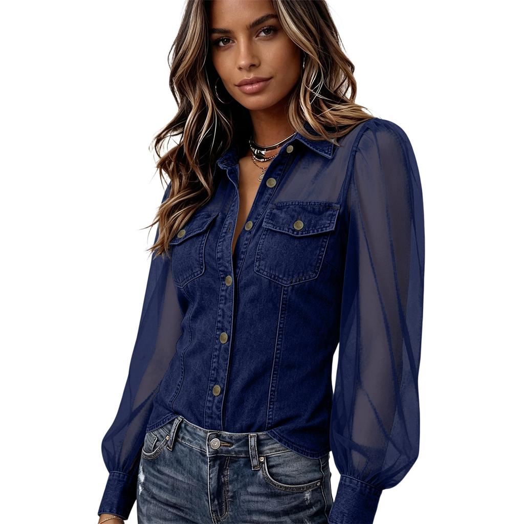Women's Casual Patchwork Denim Long Sleeve Top