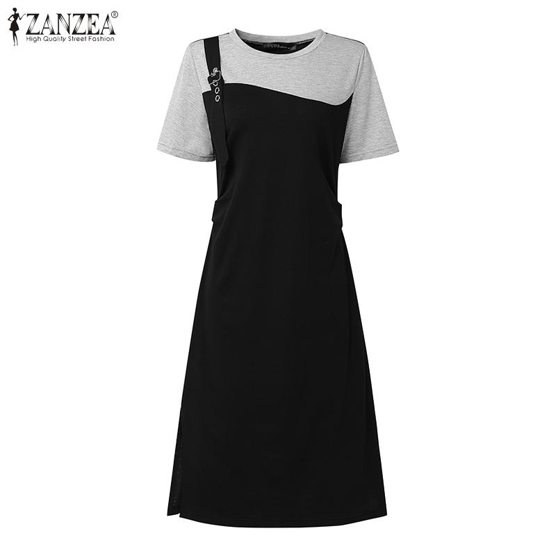 

ZANZEA Женское платье-туника с коротким рукавом, пэчворк, приталенное, повседневное, с разрезами 4XL серый