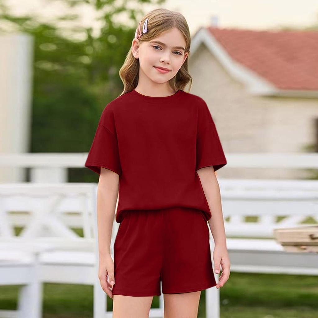 Girls Short Sleeve T Shirt and Shorts Set Soft Fabric Round Neck Relaxed Fit Casual Outfit for Kids and Teens