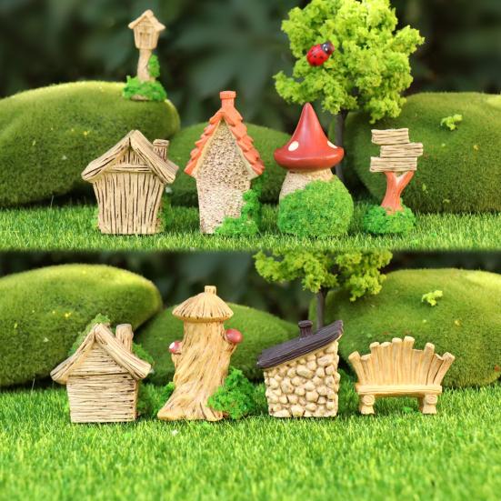 Mini Cartoon House Figurine Miniature Road Sign Chair Stone Letter Box Mushroom Statue House Micro Landscape Fairy Garden Decoration