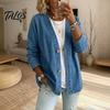 Talos Women's Button Front Faux Denim Jacket, V Neck Long Sleeve Casual Coat, Vintage Loose Fit Imitation Jeans Cardigan