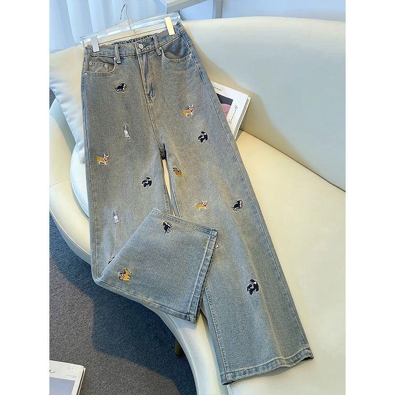 

Женские джинсы с вышивкой собаки, полуэластичные, с высокой посадкой, зауженные прямые брюки, американский стиль, свободные женские брюки с широкими штанинами XXL синий