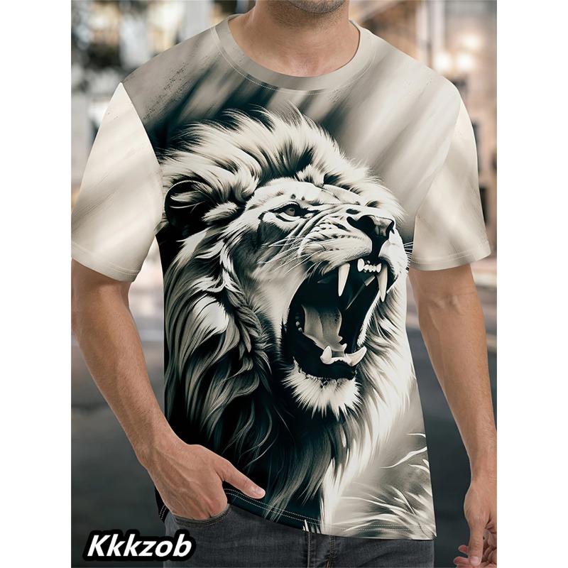Mens Lion Print Short Sleeve O-Neck T-Shirt Soft Breathable Casual Wear Outdoor Activities Sports Loose Oversized Tops