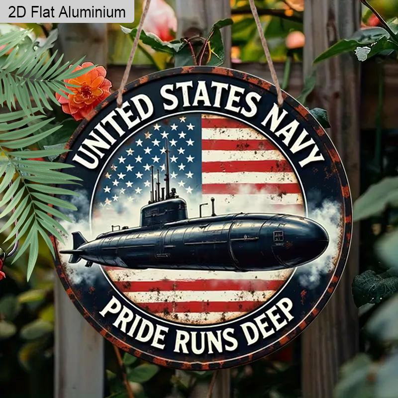 2D Flat AluminumVintage US Navy Submarine Round Metal Sign, Inspirational Spiritual Patriotic Americana Rustic Wall Decor, Pre-Drilled Holes for Easy