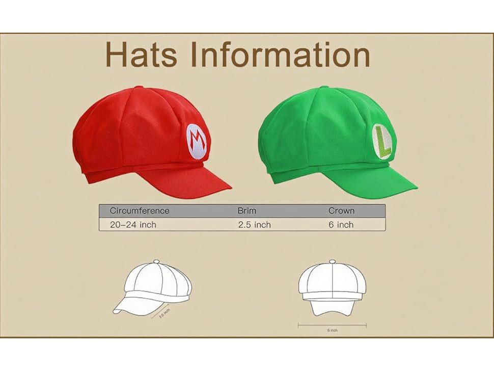 Mario Character Green Octagonal Cap with Navy Blue Strap, Mustache, and Gloves Costume Accessory Set