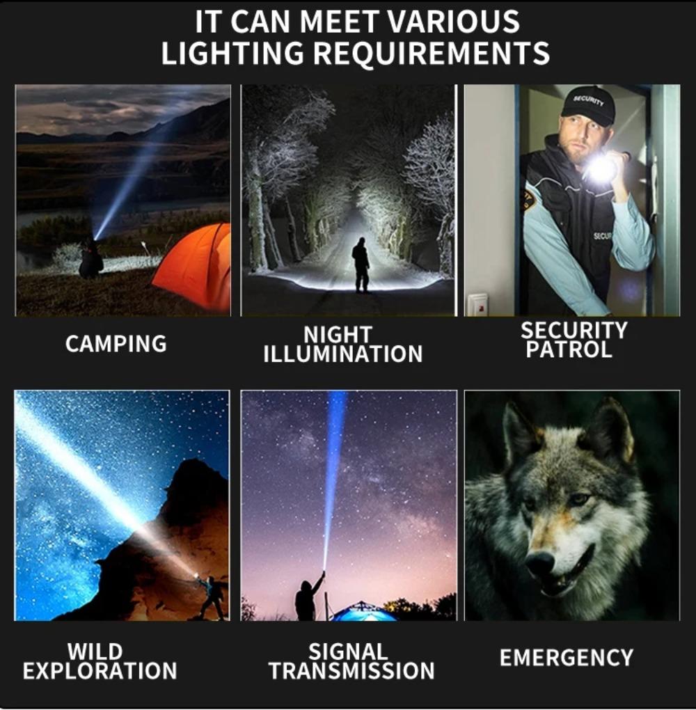 USB Rechargeable LED Flashlight Powerful Zoom Camping Lantren 9 Modes Aluminum Alloy Torch Outdoor Light with Hooks
