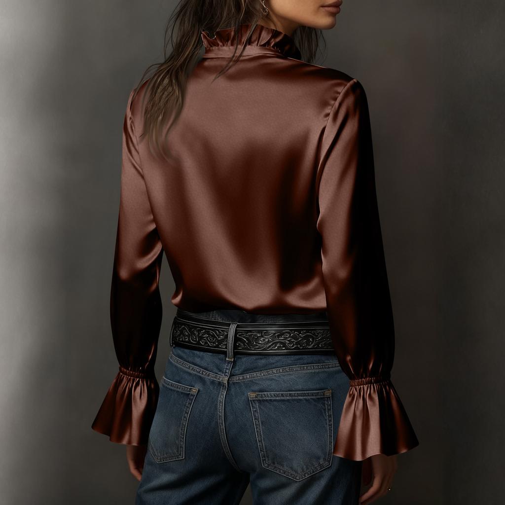 Long Sleeve Satin Button Down Shirt for Women with Flared Cuffs Classic Collar Relaxed Fit Silky Blouse Top