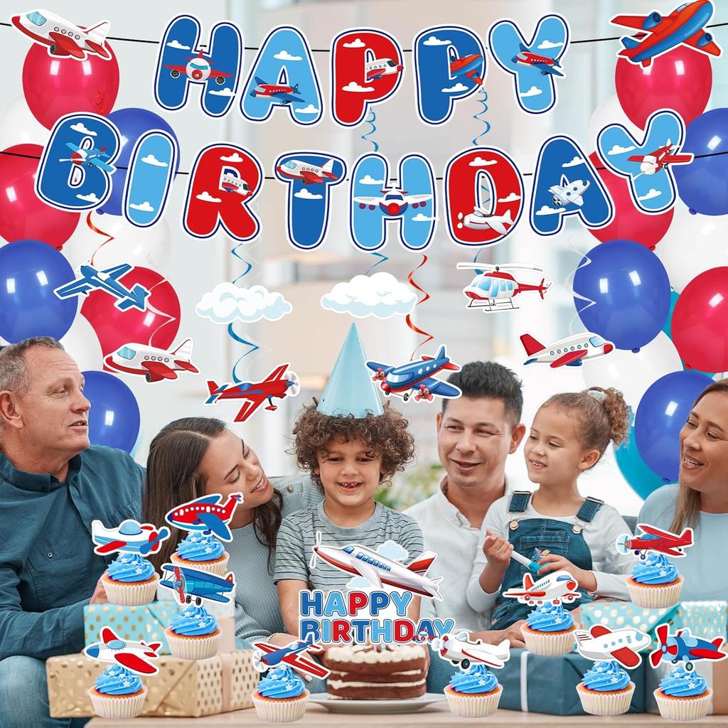 Airplane Birthday Party Decorations - 49PCS Airplane Themed Party Decorations with Banners Balloons Cupcake Toppers Hanging Swirls Plane Birthday