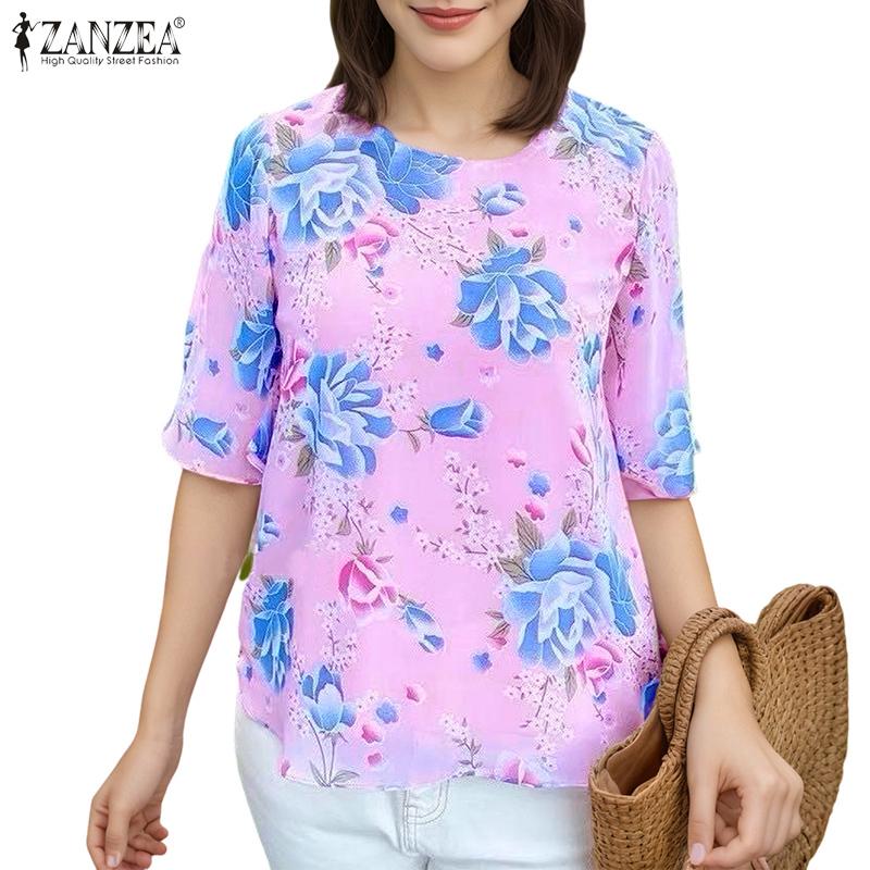 ZANZEA Women Print Casual Round Neck Loose Summer Half Sleeve Blouse