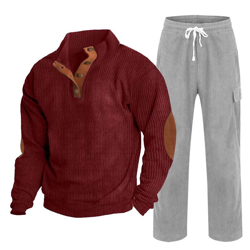 Herren Herbst/Winter Neuankömmling Sportbekleidung Zweiteiliges Set Cord Knopfleiste Henley Oberteil und Straight-Leg Hose Lässiges Ensemble