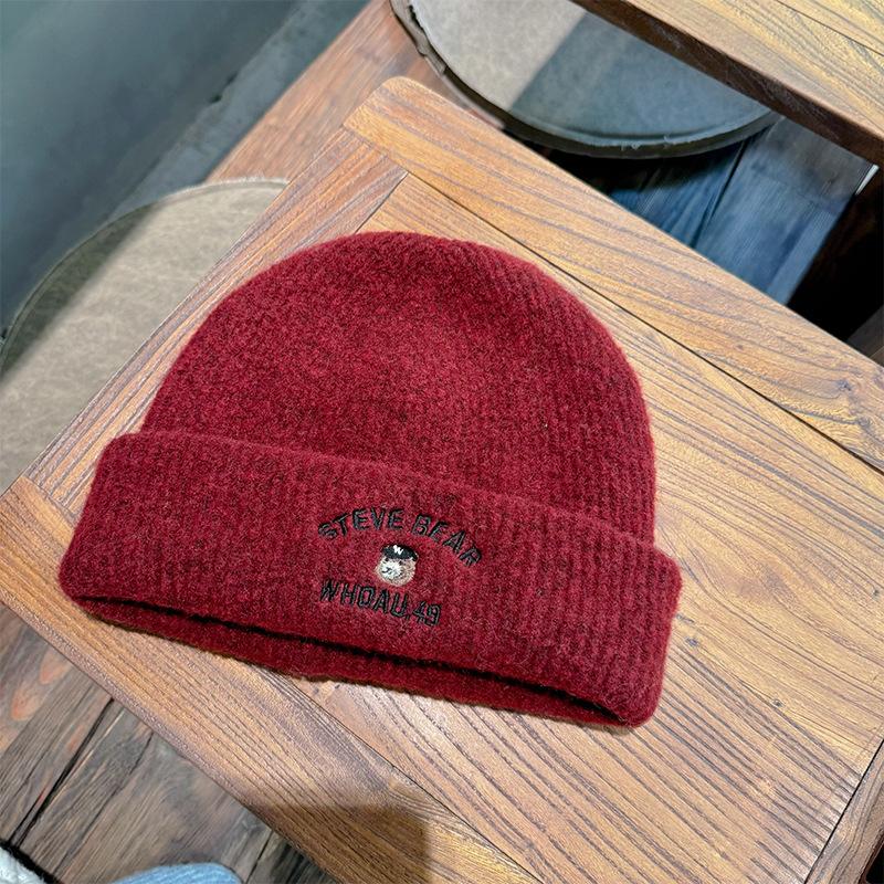 New Cute Bear Embroidered Knitted Hat Autumn and Winter Warm Ear Protection Korean Style Casual Versatile Couple Wool Hat