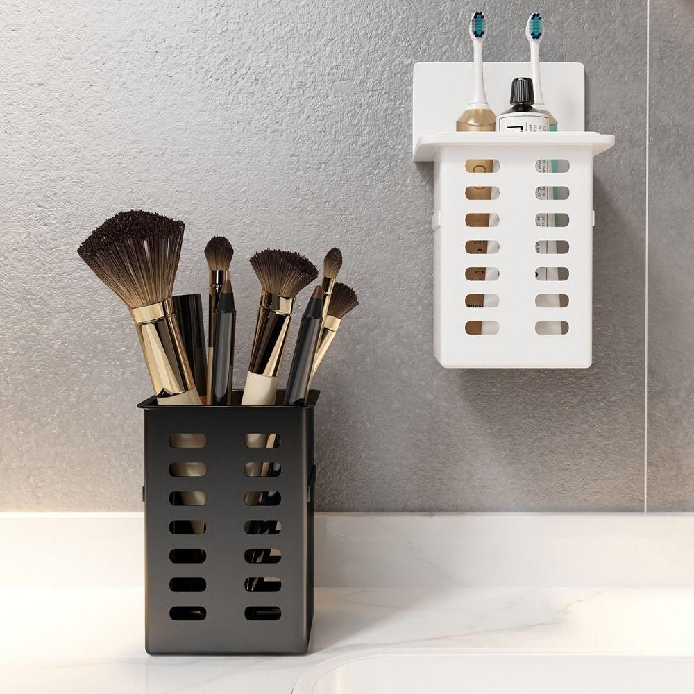 Plastic Wall Mounted Storage Box Self Adhesive No Drill Makeup Brush Storage Box Simple Space Saving Utensils Holder Bathroom