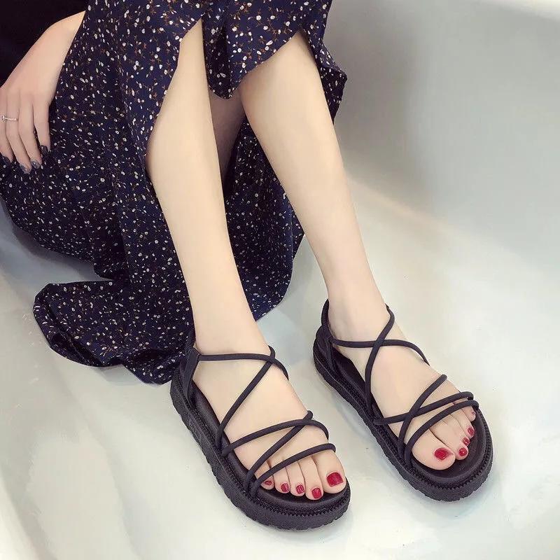 Roman Sandals Women's Summer Flat-bottom College Style with Skirt Beach Shoes Women's Simple Style Thick-soled Non-slip Sandals