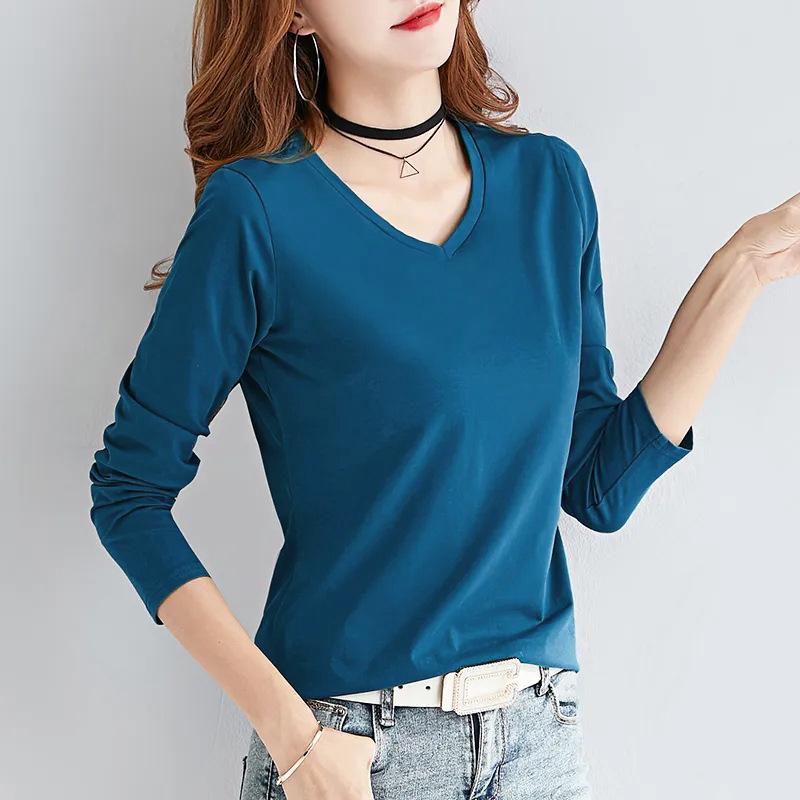 

Топ, закрывающий живот, тибетское мясо, свободный, V-образный вырез, длинный рукав, осенняя одежда, новый модный, с лейблом, базовая рубашка, женский 4XL синий