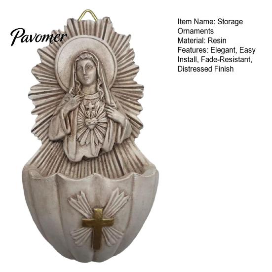 Catholic Wall Ornaments Sacred Heart of Mary Holy Water Font, Vintage Resin Basin Hanging, Religious Decor Ornament for Home Entrance Distressed