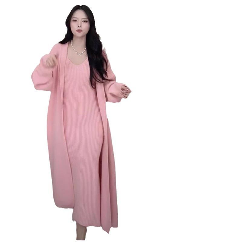 2024 Women's Autumn/Winter Knitted Dress & Sweater Cardigan Two-Piece Set - Medium & Long Lazy Style