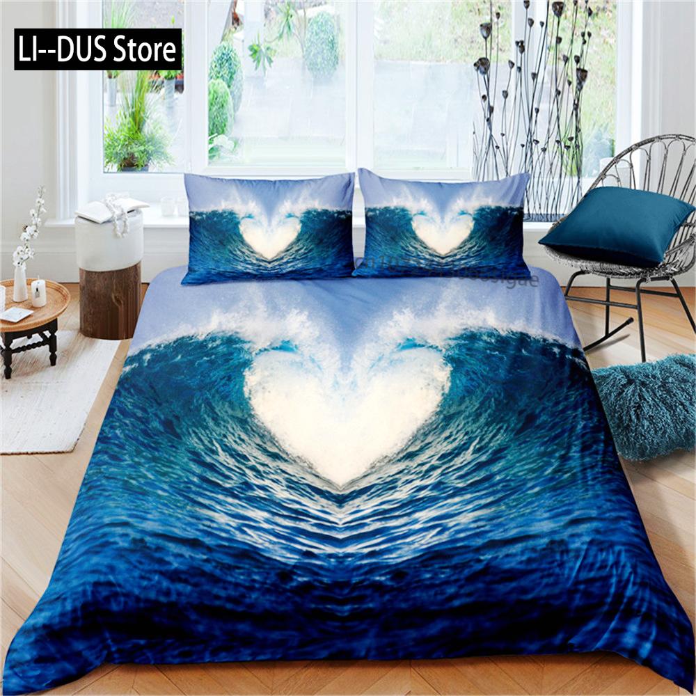 Vågstäckt Påslakan King/Queen Size 3D Blå Havsskumvågor Sängkläder Set För Barn Tonåringar, Azurblått Havsvatten Mjuk Täcktäckare
