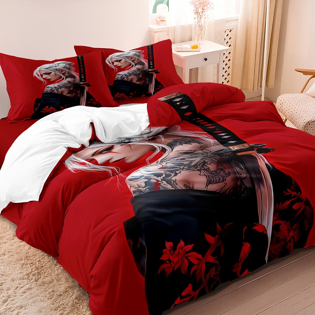 3pcs Samurai Beauty Duvet Cover Set, 1*Duvet Cover, 2*Pillowcases Core Not Included, Samurai Beauty 3D Digital Print Bedding Kit (135x200cm)