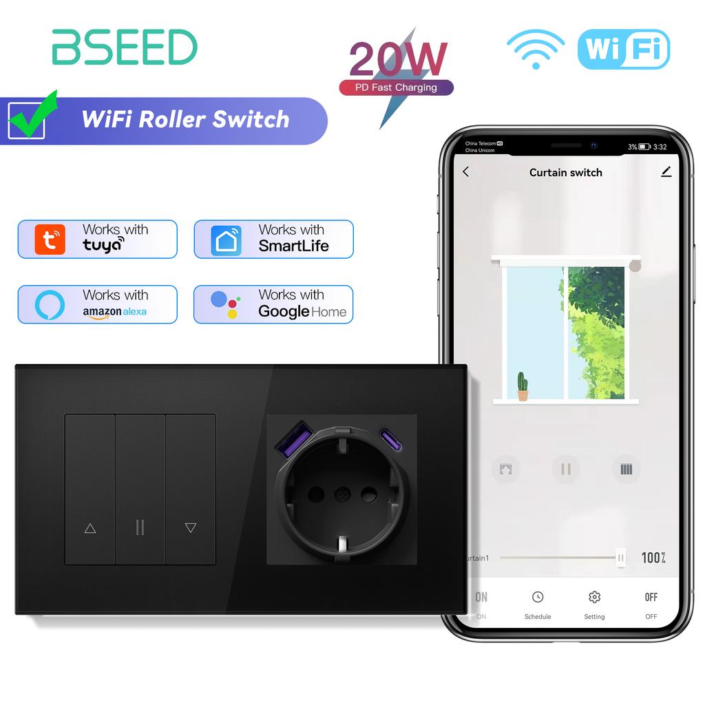 Comutatoare Smart BSEED Wifi pentru Jaluzele Luminoase Controller Jaluzele Suport Aplicație Smart Tuya Plus Prize Electrice Normale UE Panouri de Sticlă USBC