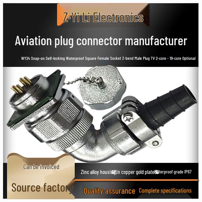 

90° Angled Plug WY24 Waterproof Aviation Socket 19-Pin Wire Cable Connector TV+Z Square Female Socket WF24K2Z