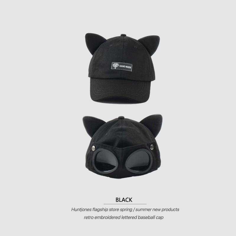 Cute Cat Ear Baseball Cap with Goggles, Novelty Aviator Pilot Hat, Kawaii Oversized Cat Ear Dad Hat, Funny Adjustable Sun Hat for Men Women M(56-58cm) чёрный