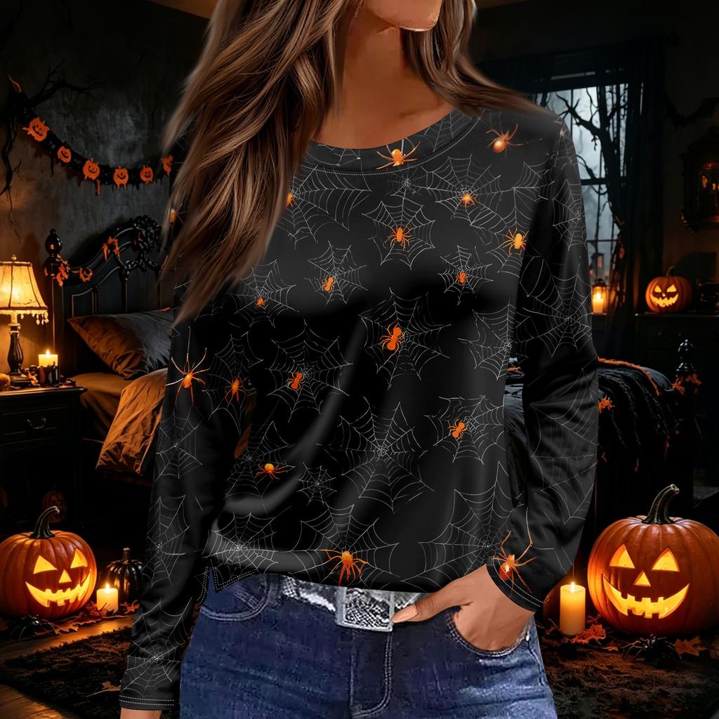 Women's Long Sleeve Round Neck Top with Halloween Print and Side Split Hem