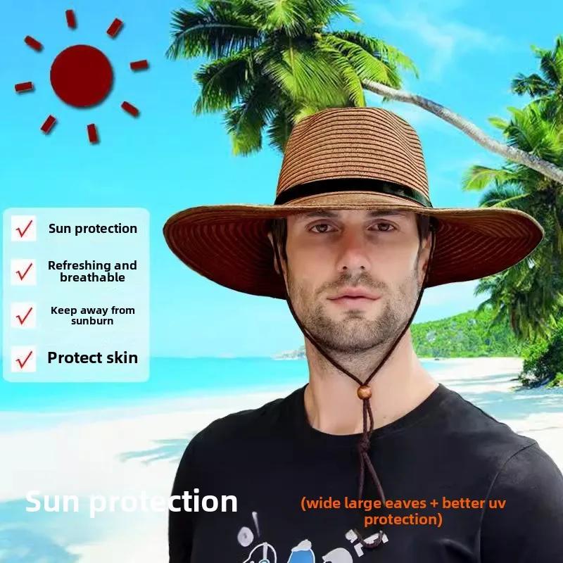 Foldable Jazz Straw Hat for Men and Women Summer Beach Strap Sunscreen Outdoor Sports Sun Hat Big Brim Woven Straw Hat