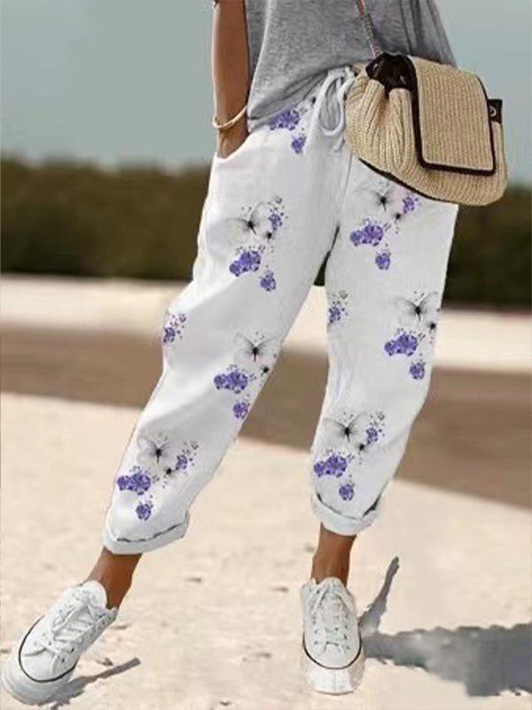 2024 European & American Style Print Cotton Linen Casual Pocket Long Pants