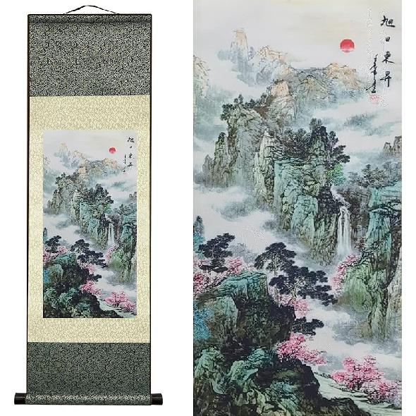 AtfArt Asian Wall Decor - Beautiful Silk Scroll Painting of Waterfall River Landscape - Mountain Spring Autumn Color Oriental Decor Chinese Art Wall