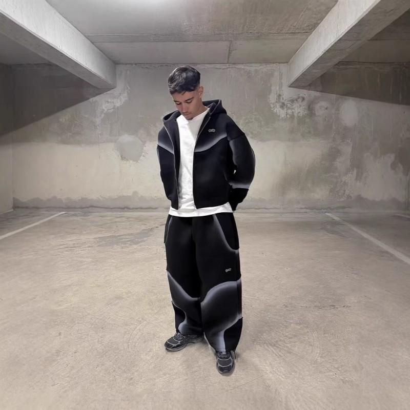 Pánská tmavá Streetwear mikina s kapucí a tepláková souprava s dlouhým rukávem