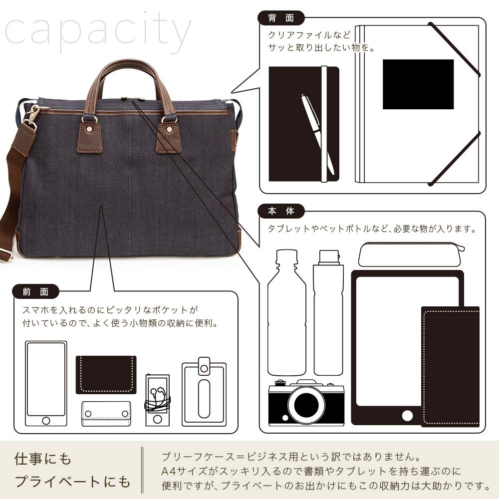 Creare Kiki Men's Lightweight A4 Size Tote Bag, Made in Japan with Okayama Denim, Briefcase with Multiple Pockets, Toyooka Bag, Perfect Birthday Gift