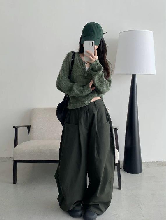 

Sun Pomelo Loose Army Green Floor-Length Women s Pants: Korean Retro-Style Drawstring Casual Solid Color. S армия зеленый