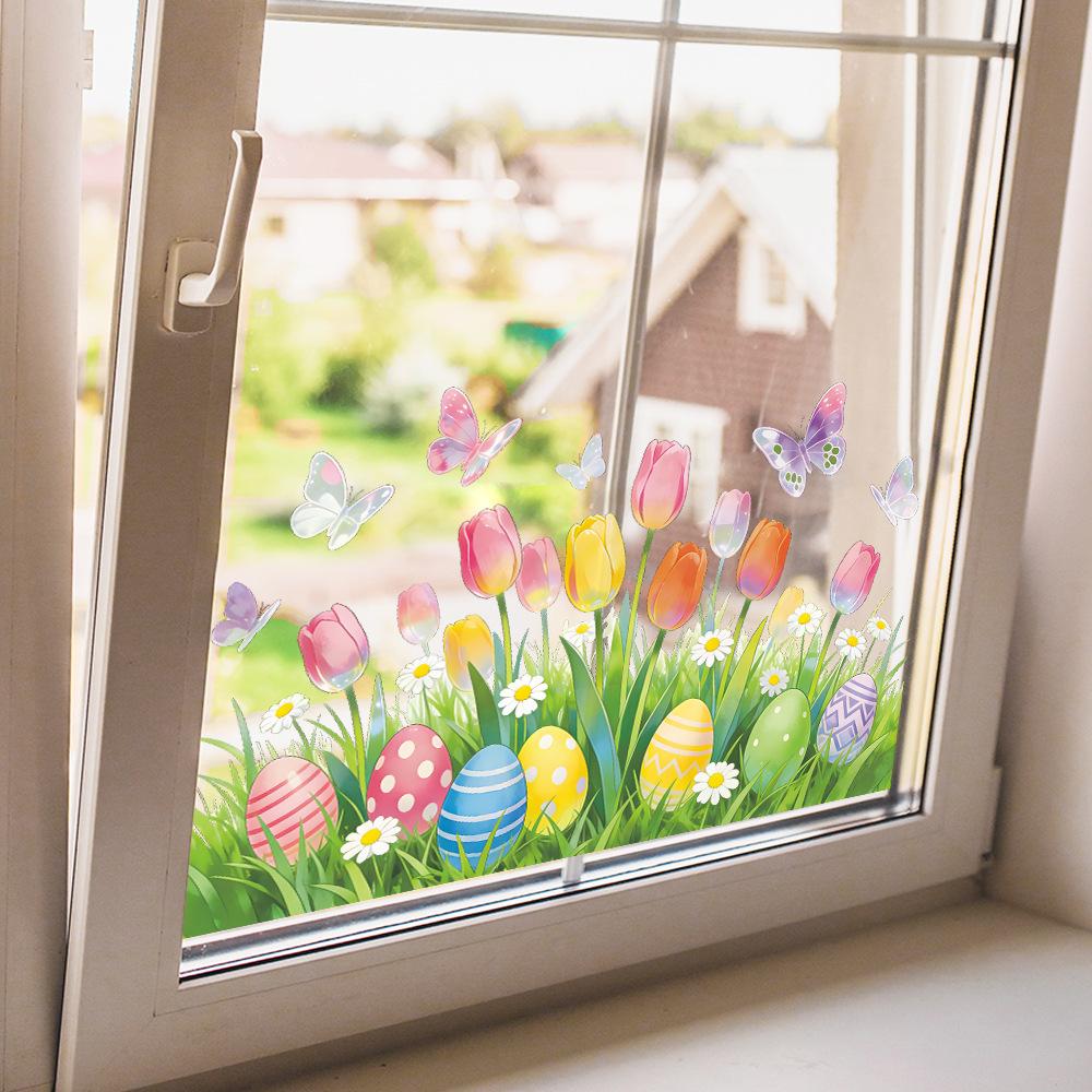 Easter Decorative Eggs Tulip Plant Wall Sticker Removable Eco Friendly PVC Waterproof Self Adhesive Window Sticker For Home Balcony Glass Decor