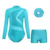 Girls Mesh Long Sleeve Cutout Back Sparkly Rhinestone Leotard V Front Waistband Shorts Hairband Gymnastics Set