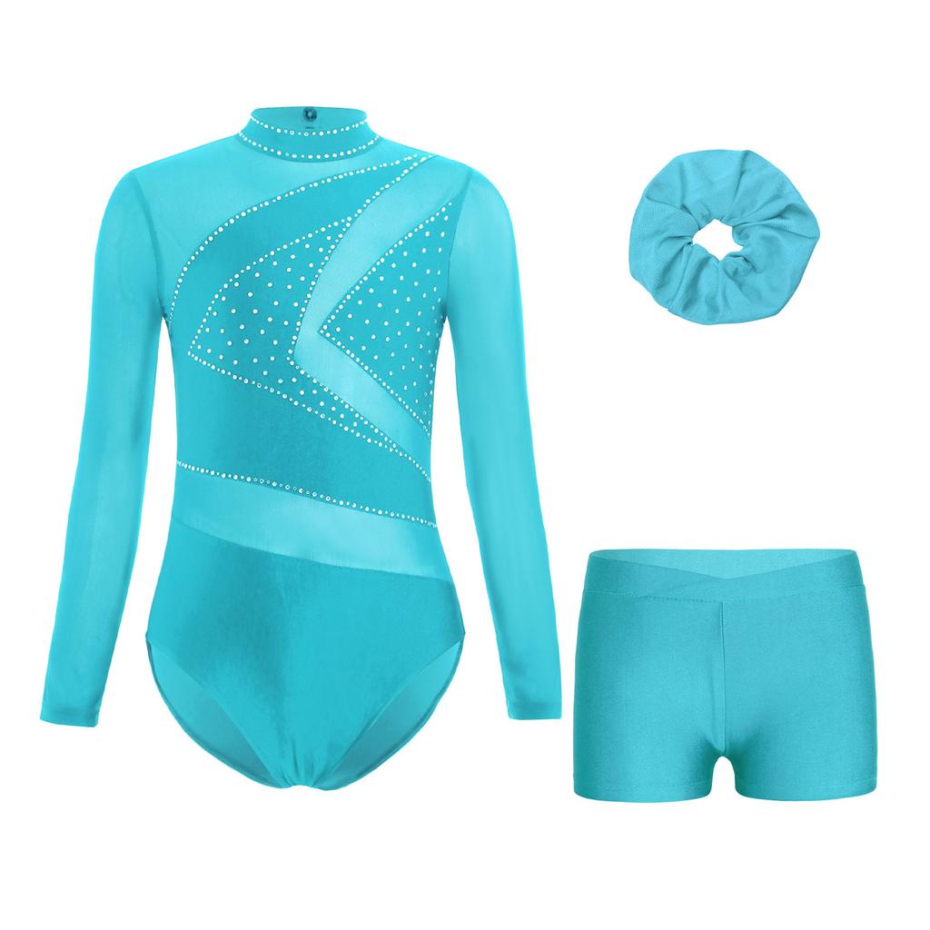 Girls Mesh Long Sleeve Cutout Back Sparkly Rhinestone Leotard V Front Waistband Shorts Hairband Gymnastics Set